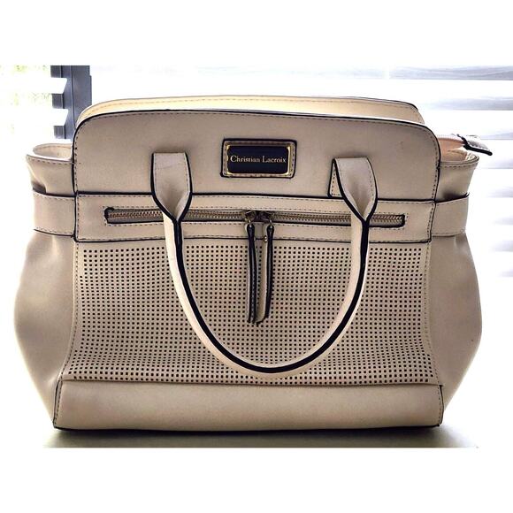 PURSE-CHRISTIAN LACROIX-Cream/Beige-Handles-Large-Faux Leather-Tote-Zippers - Picture 6 of 16